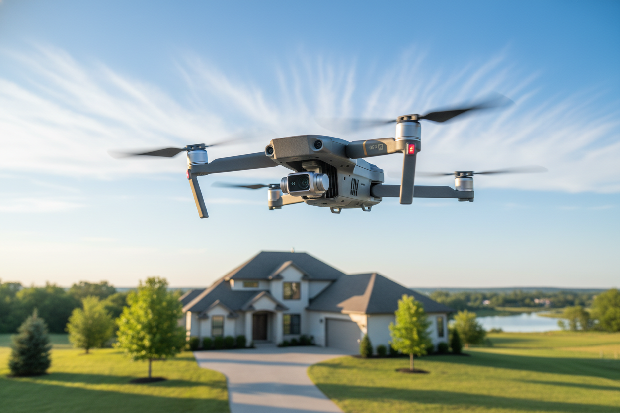 DJI Mavic 3 Pro Drone hovering in the morning blue sky with light clouds and a home in the background